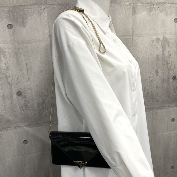 Prada Mini Bag Chain Shoulder Flap Bag Triangle Logo Patent Leather Black Gold - Picture 9 of 9